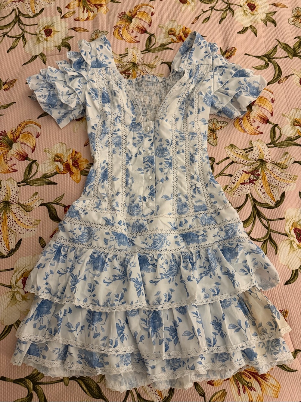 Zara White and Light Blue Floral Ruffle Mini Dress